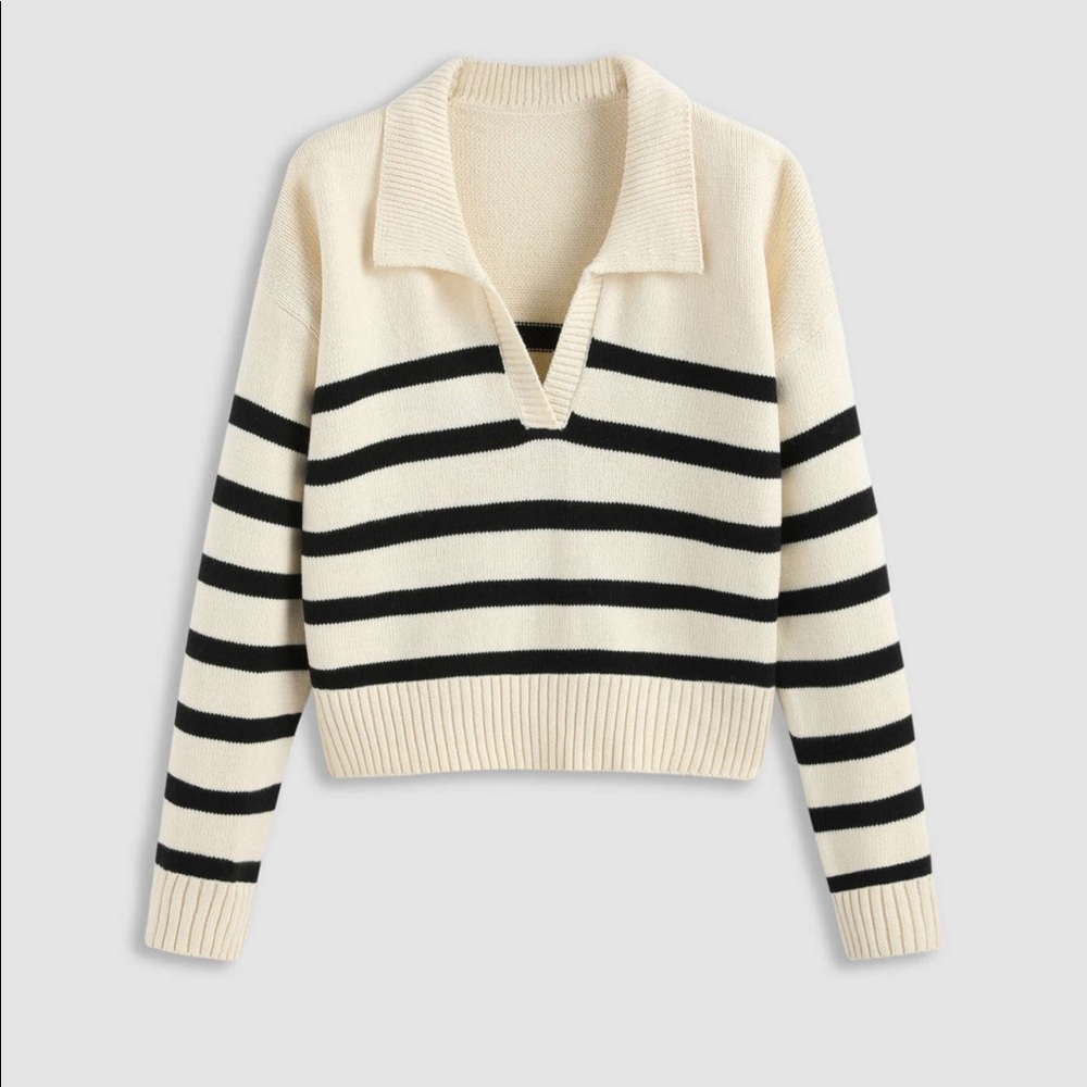 Cider Ivory & Black Striped Cropped Polo Sweater Size Medium